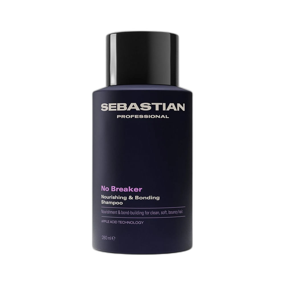 Frasco de shampoo Sebastian No Breaker 280ml em fundo branco.